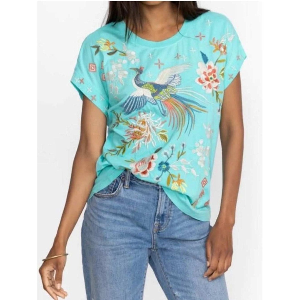 Johnny Was Ceretti Relaxed Tee L Sea Blue Embroidered Crane Floral Tshirt Top